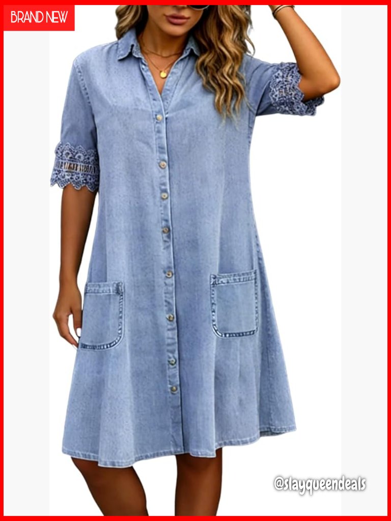 Women's Casual Denim Shirt Dress With Lace Trim